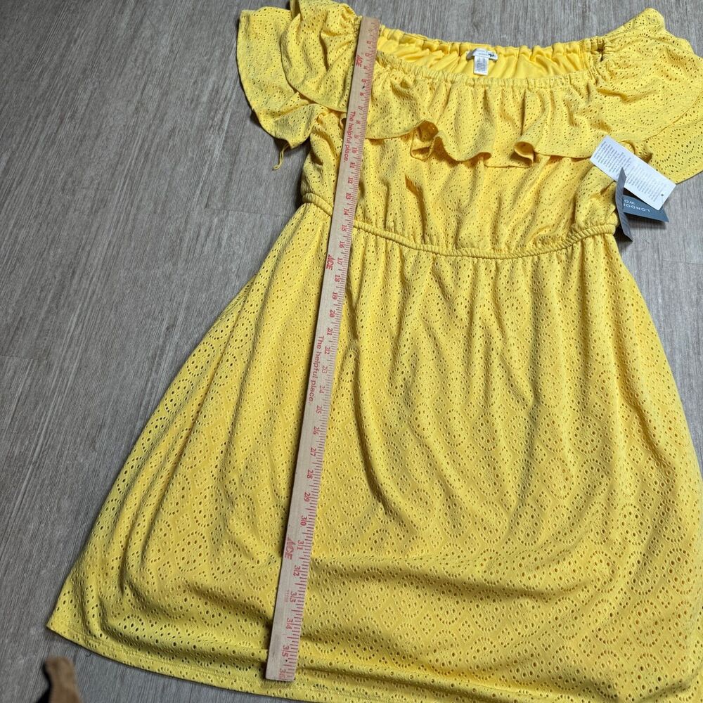 London Times Womens Yellow Crochet Knit Dress NEW 1X Lined Boat Neck Midi Ruffle - Picture 8 of 9